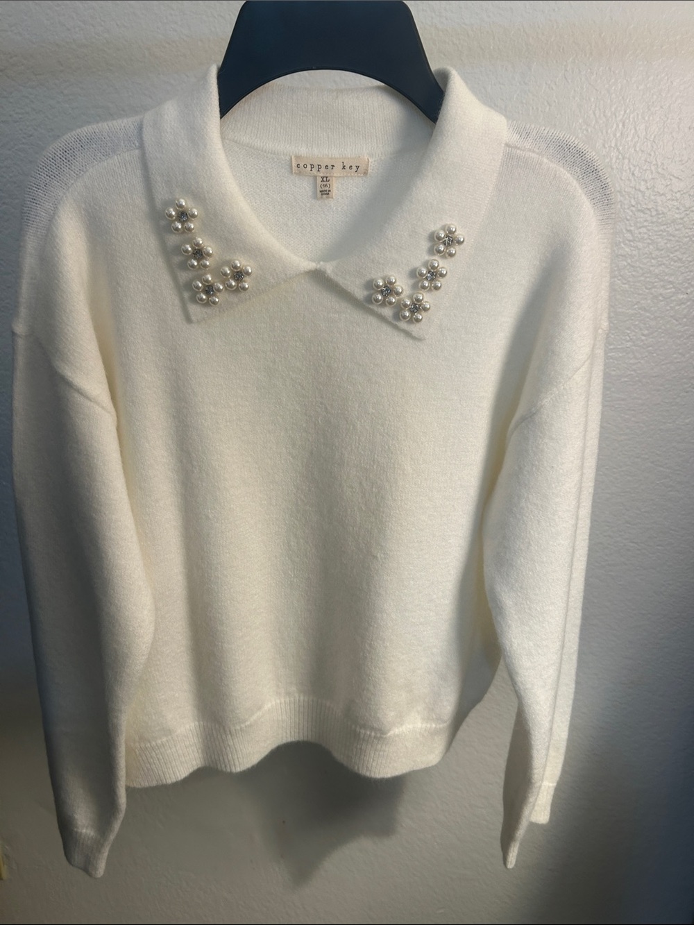Copper Key Pearl-Embellished Cream Sweater